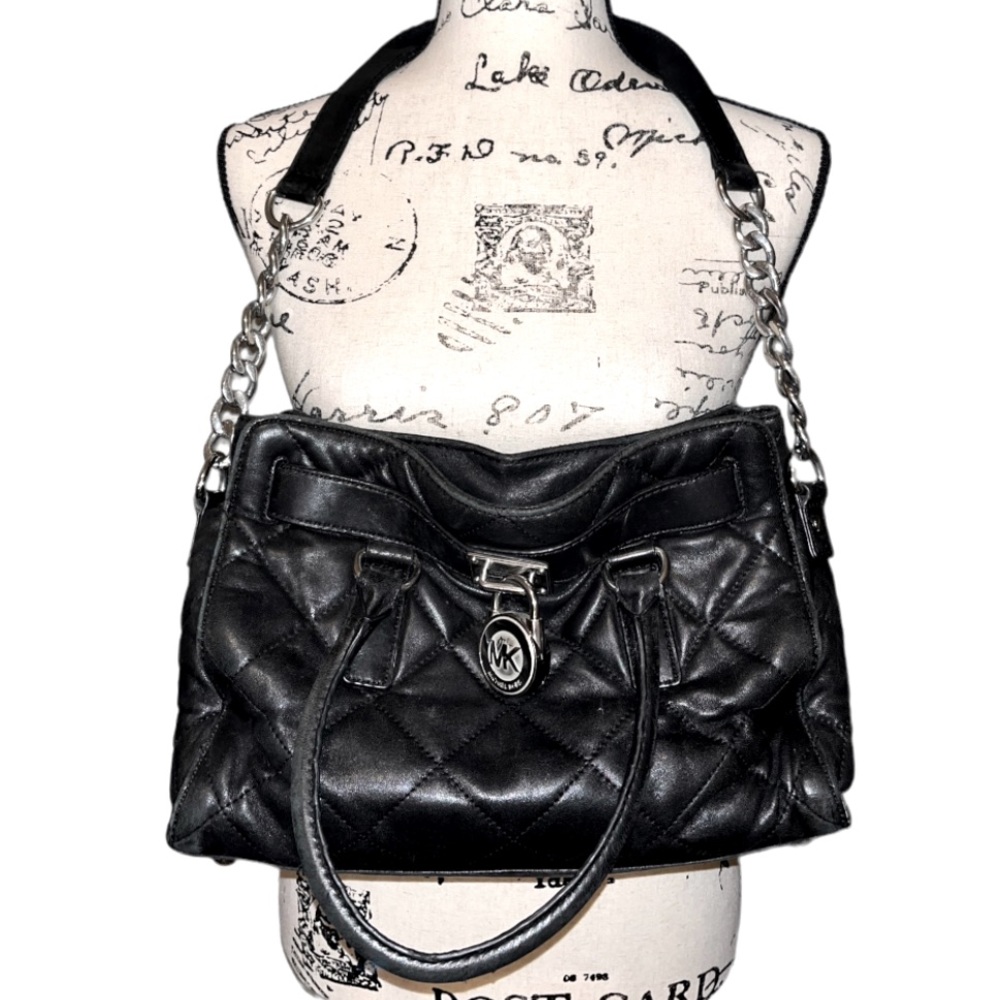 MICHAEL KORS Black Quilted Leather Hamilton Silver Chain Satchel Shoulder Bag